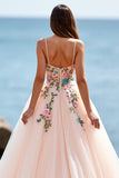 A Line Blush Tulle Boho Sweep Train Wedding Dress with Appliques