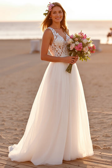 White V Neck A Line Boho Sweep Train Wedding Dress with Lace