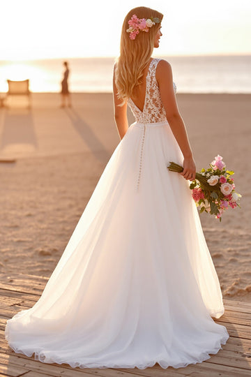 White V Neck A Line Boho Sweep Train Wedding Dress with Lace