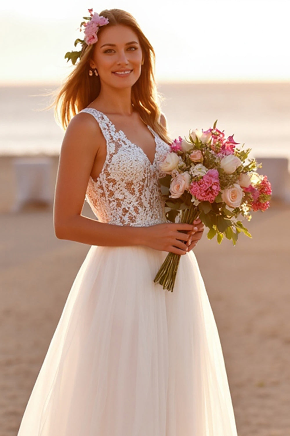 White V Neck A Line Boho Sweep Train Wedding Dress with Lace