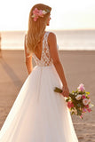 White V Neck A Line Boho Sweep Train Wedding Dress with Lace