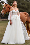 White Off the Shoulder Sweep Train Wedding Dress with Lace