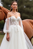 White Off the Shoulder Sweep Train Wedding Dress with Lace