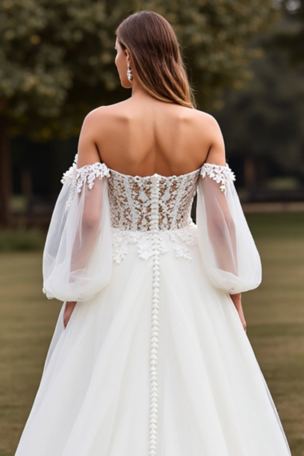 White Off the Shoulder Sweep Train Wedding Dress with Lace