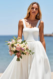 White A Line Square Neck Boho Sweep Train Wedding Dress
