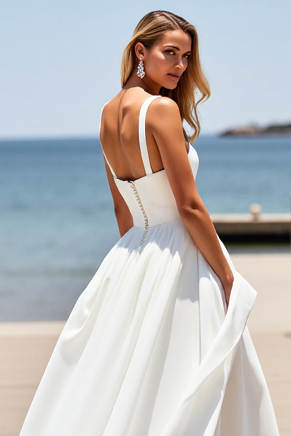 White A Line Square Neck Boho Sweep Train Wedding Dress