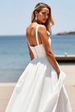 White A Line Square Neck Boho Sweep Train Wedding Dress
