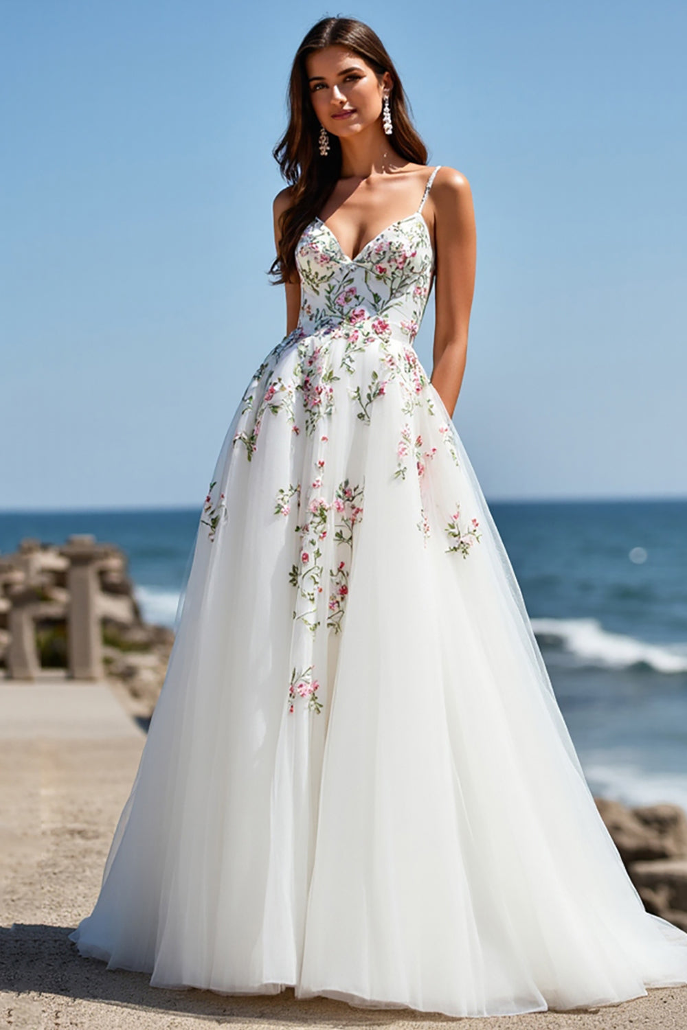 White Tulle Floral V-Neck Boho Sweep Train Wedding Dress