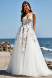 White Tulle Floral V-Neck Boho Sweep Train Wedding Dress
