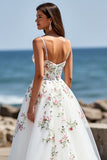 White Tulle Floral V-Neck Boho Sweep Train Wedding Dress