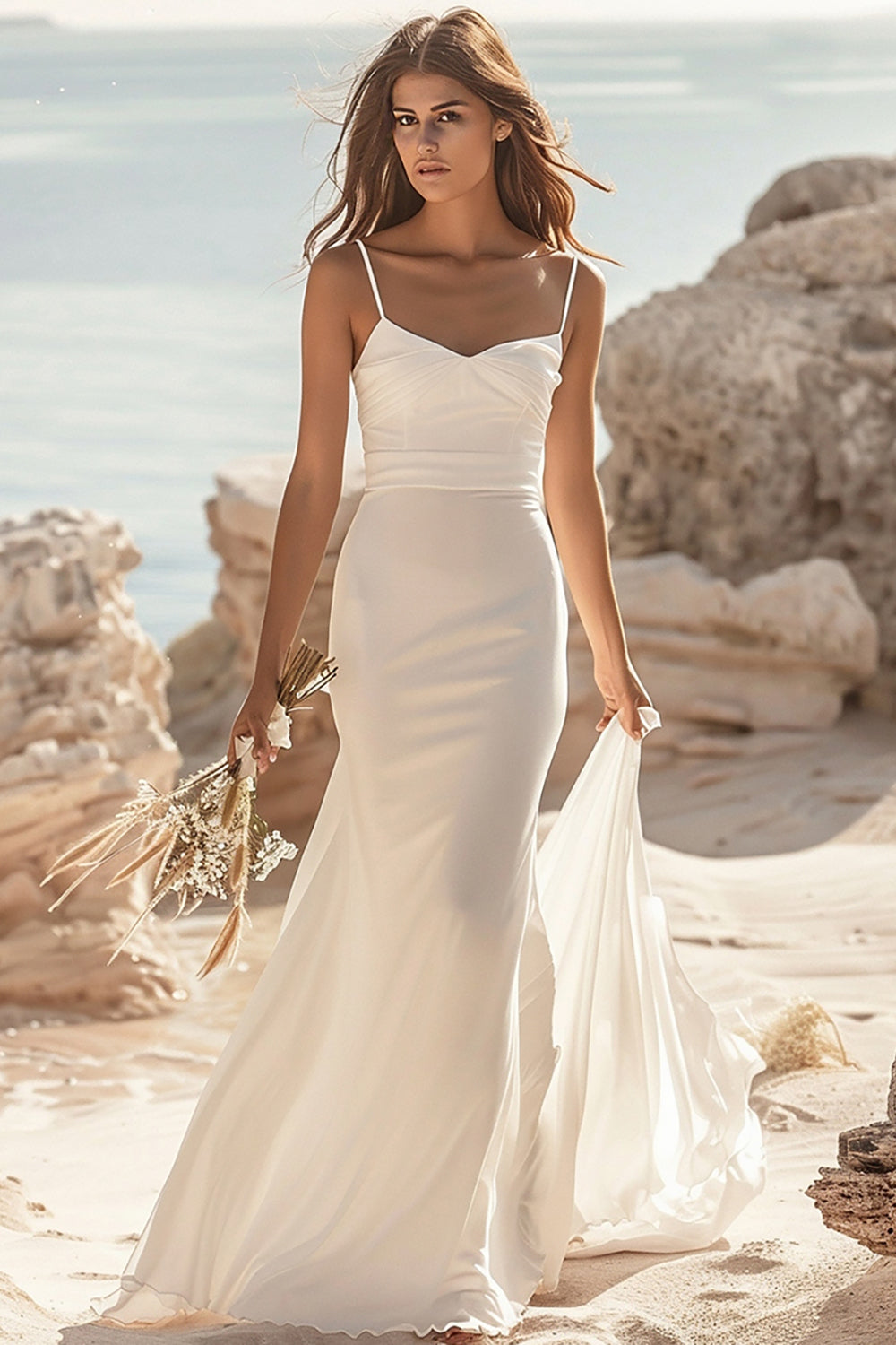 White Mermaid Spaghetti Straps Boho Sweep Train Wedding Dress