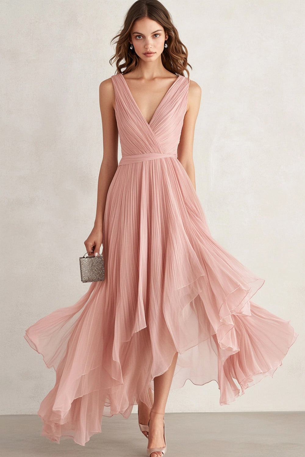 Blush A Line V Neck Pleated Asymmetrical Long Formal Dress