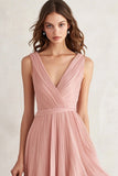 Blush A Line V Neck Pleated Asymmetrical Long Formal Dress