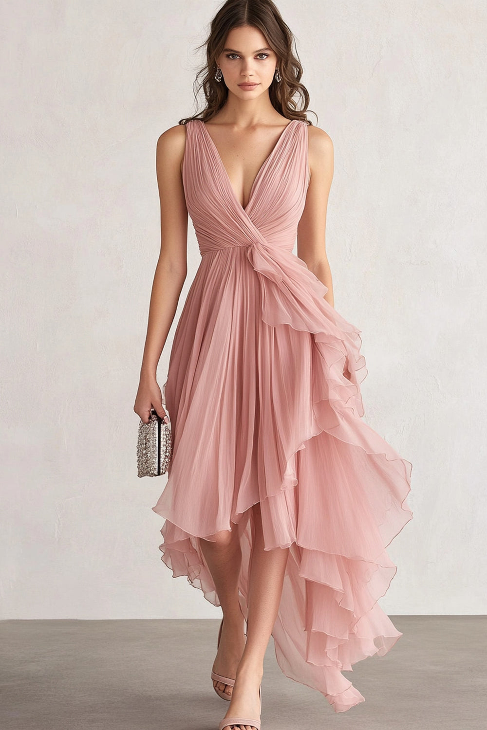 A Line Ruffled V Neck Pleated Asymmetrical Blush Midi Formal Dress