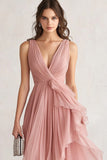 A Line Ruffled V Neck Pleated Asymmetrical Blush Midi Formal Dress
