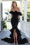Black Mermaid Off The Shoulder Ruffled High-Low Formal Dress