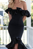 Black Mermaid Off The Shoulder Ruffled High-Low Formal Dress