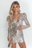 Sparkly Bodycon Silver Sequins Long Sleeves Mini Cocktail Dress