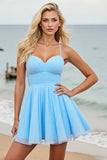 Light Blue Ruched A Line Spaghetti Straps Short Cocktail Dress