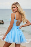 Light Blue Ruched A Line Spaghetti Straps Short Cocktail Dress