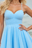 Light Blue Ruched A Line Spaghetti Straps Short Cocktail Dress