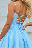 Light Blue Ruched A Line Spaghetti Straps Short Cocktail Dress