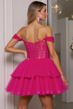 Fuchsia Corset A Line Tiered Short Cocktail Dress with Lace