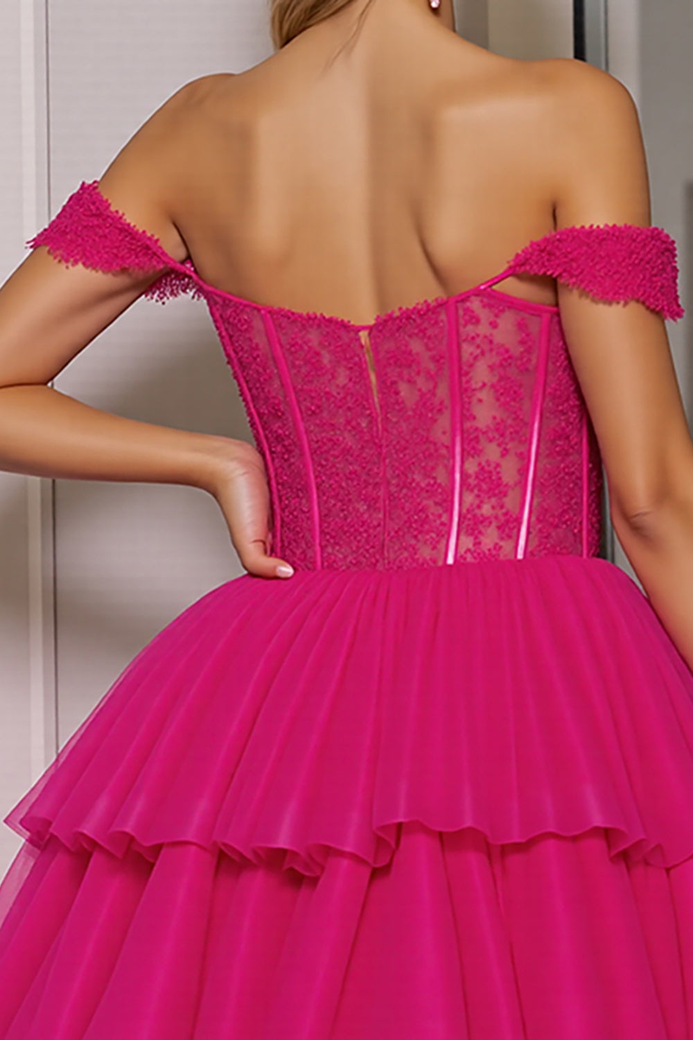 Fuchsia Corset A Line Tiered Short Cocktail Dress with Lace