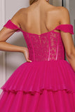 Fuchsia Corset A Line Tiered Short Cocktail Dress with Lace