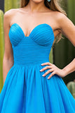 Blue Strapless Pleated A Line Short Cocktail Dress