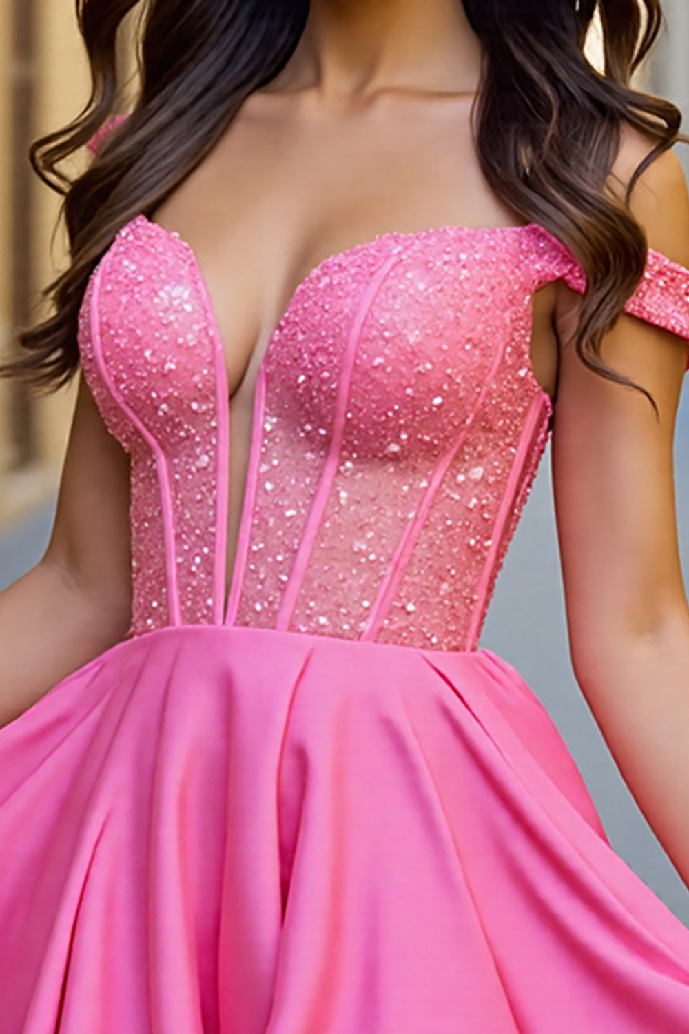 Sparkly Fuchsia Cold Shoulder Corset Short Cocktail Dress