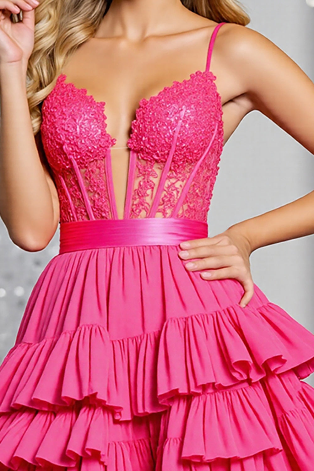 Fuchsia Corset Tiered A Line Short Cocktail Dress