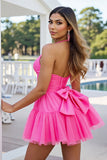 Fuchsia A Line Halter Ruched Short Cocktail Dress with Bow