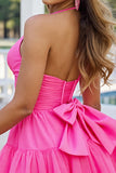 Fuchsia A Line Halter Ruched Short Cocktail Dress with Bow