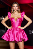 Fuchsia Satin Corset A Line Short Cocktail Dress with Ruffles