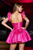 Fuchsia Satin Corset A Line Short Cocktail Dress with Ruffles
