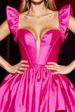 Fuchsia Satin Corset A Line Short Cocktail Dress with Ruffles