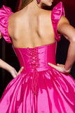 Fuchsia Satin Corset A Line Short Cocktail Dress with Ruffles