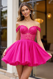 Fuchsia Corset A Line Off the Shoulder Short Cocktail Dress