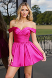 Fuchsia A Line Satin Off The Shoulder Mini Cocktail Dress