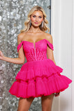 Fuchsia Tiered A Line Corset Off The Shoulder Mini Cocktail Dress