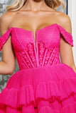 Fuchsia Tiered A Line Corset Off The Shoulder Mini Cocktail Dress