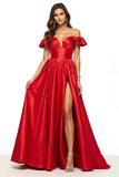 Red A Line Off the Shoulder Satin Maxi Formal Dress with Slit