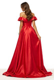 Red A Line Off the Shoulder Satin Maxi Formal Dress with Slit