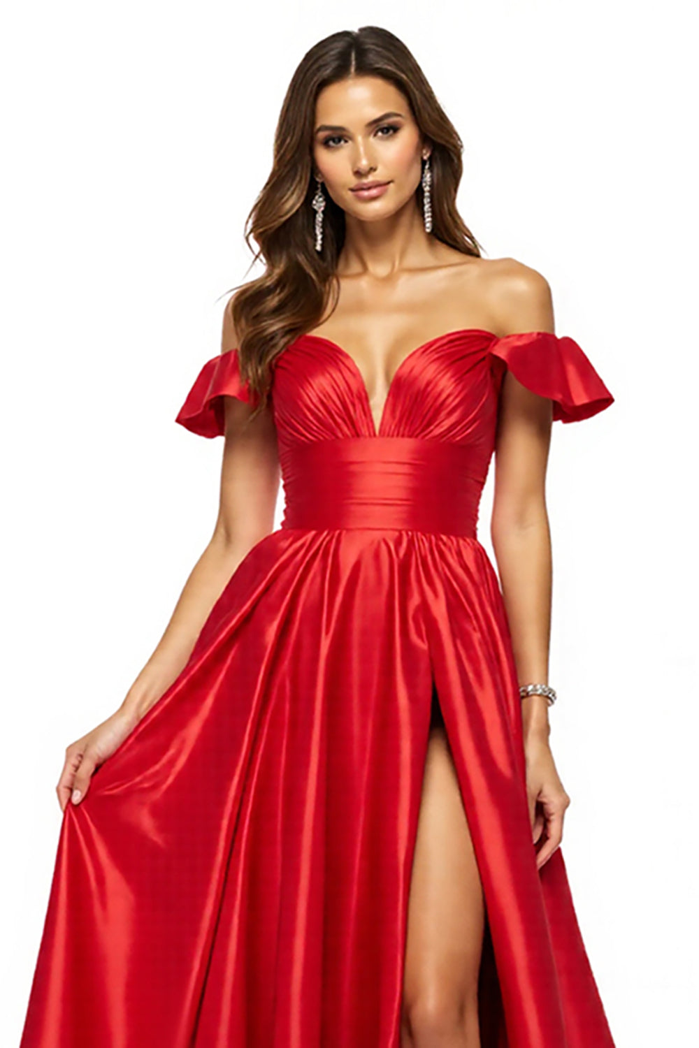 Red A Line Off the Shoulder Satin Maxi Formal Dress with Slit