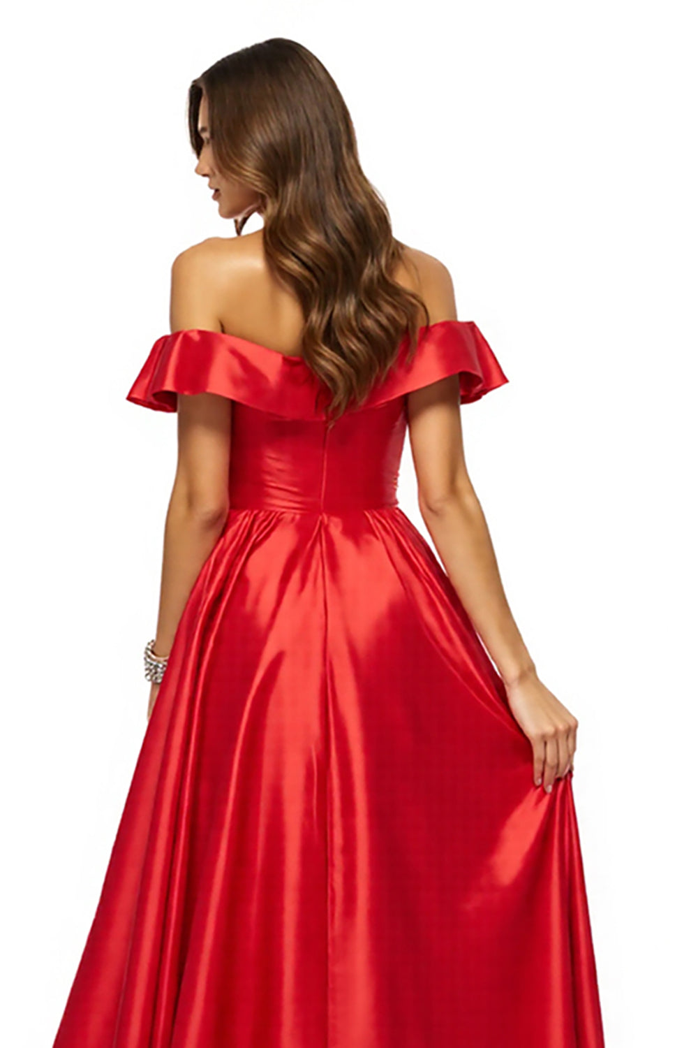 Red A Line Off the Shoulder Satin Maxi Formal Dress with Slit