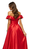 Red A Line Off the Shoulder Satin Maxi Formal Dress with Slit