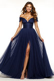 A Line Off The Shoulder Navy Long Formal Dress with Slit