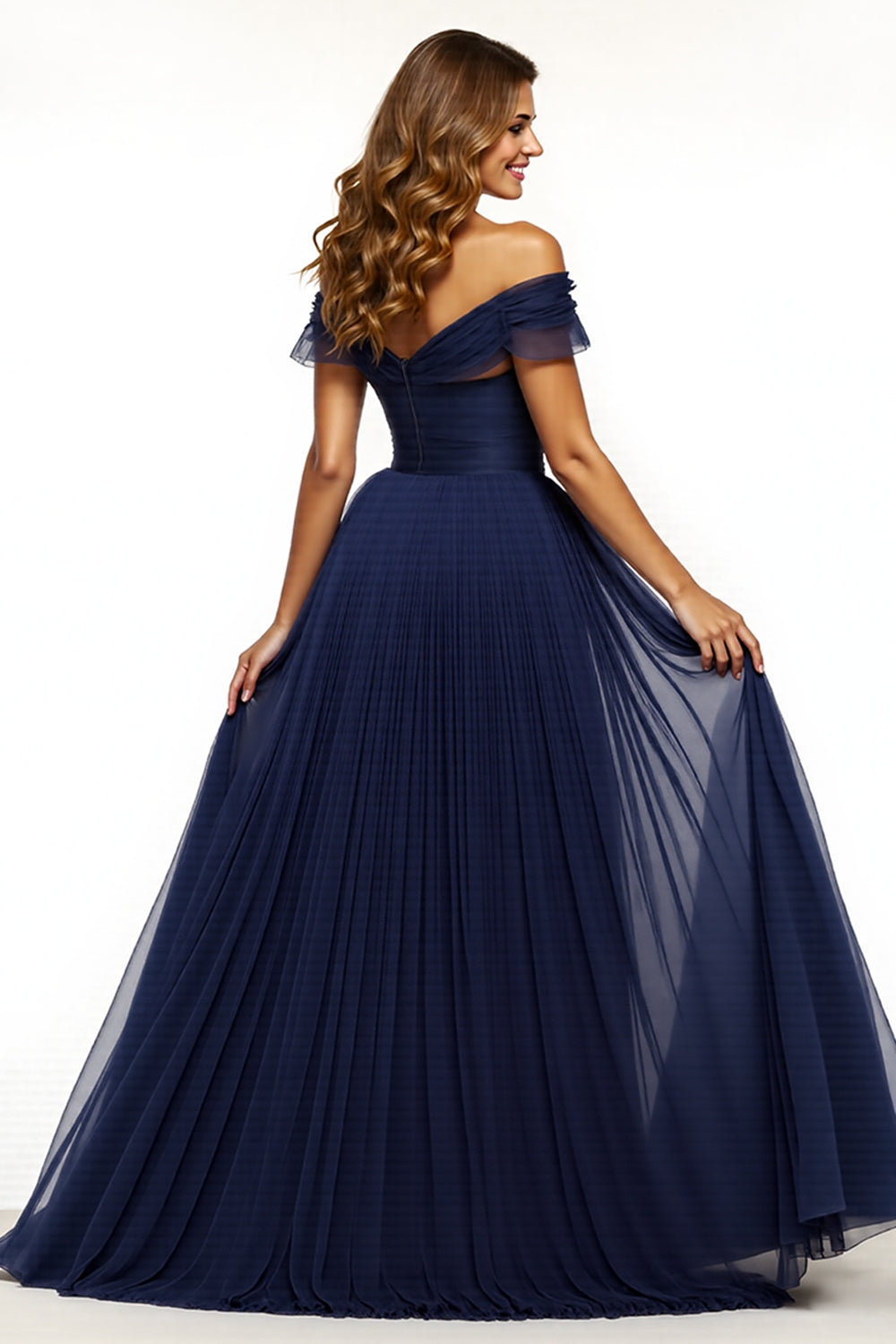 A Line Off The Shoulder Navy Long Formal Dress with Slit
