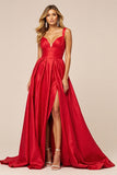 Red Satin A Line V-Neck Long Formal Dress with Slit